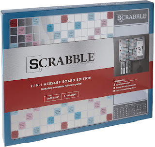 Magnetic message board that looks like a Scrabble board, in the original packaging.