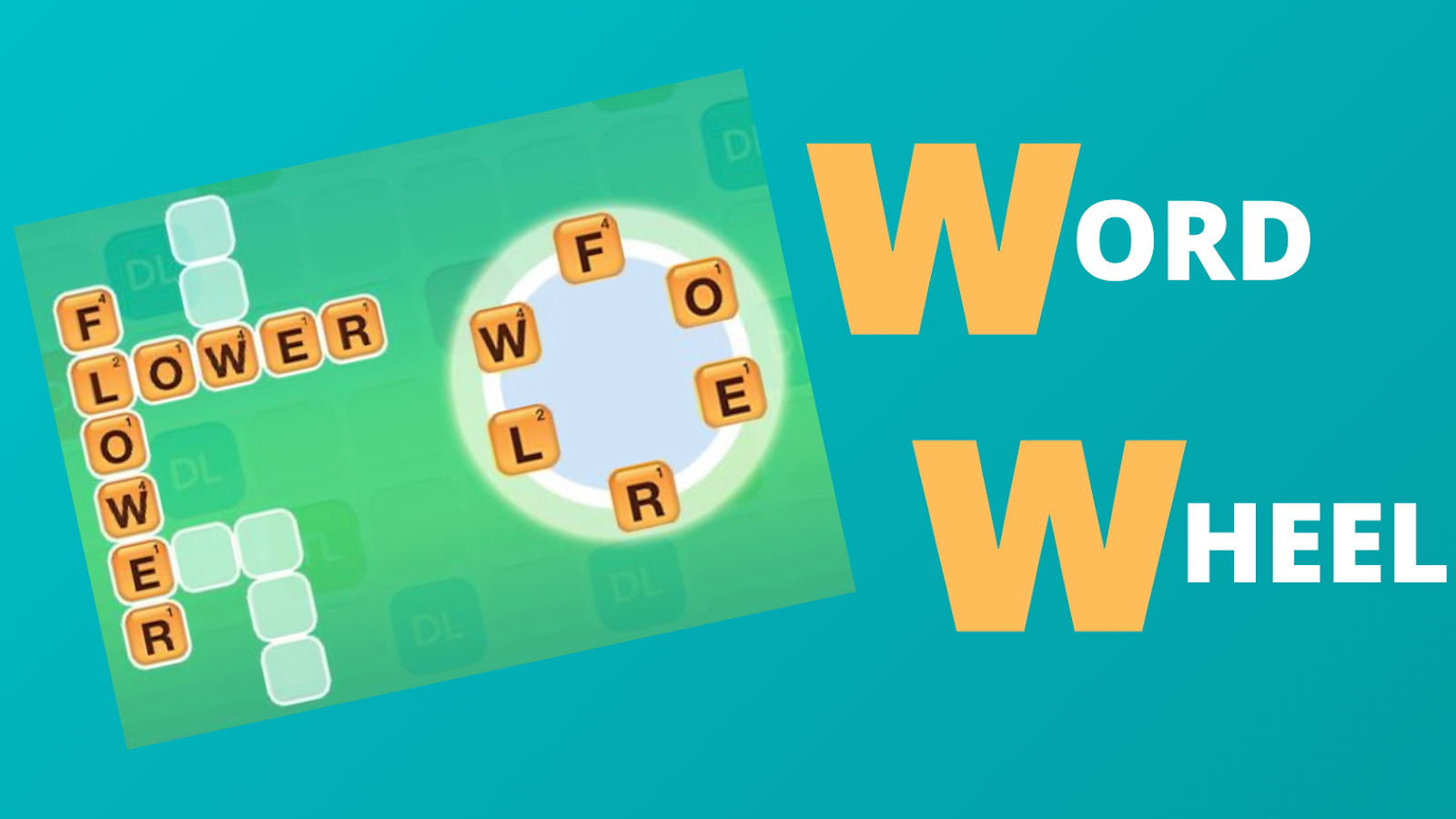 Text: Word Wheel. Picture of gameboard with words &quot;flower&quot; and &quot;lower&quot; on the board along with a few blank spaces for other words. Picture of word wheel with letters &quot;F&quot;, &quot;O&quot;, &quot;E&quot;, &quot;R&quot;, &quot;L&quot;, &quot;W&quot; placed in a circle on the wheel.